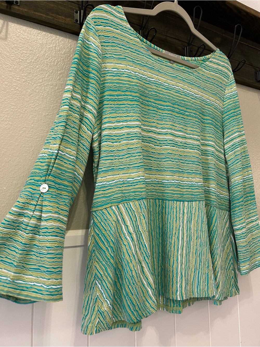 Habitat Beach Waves Peplum Top Leaf Textured Striped Tunic 3/4 Bell Sleeve Large